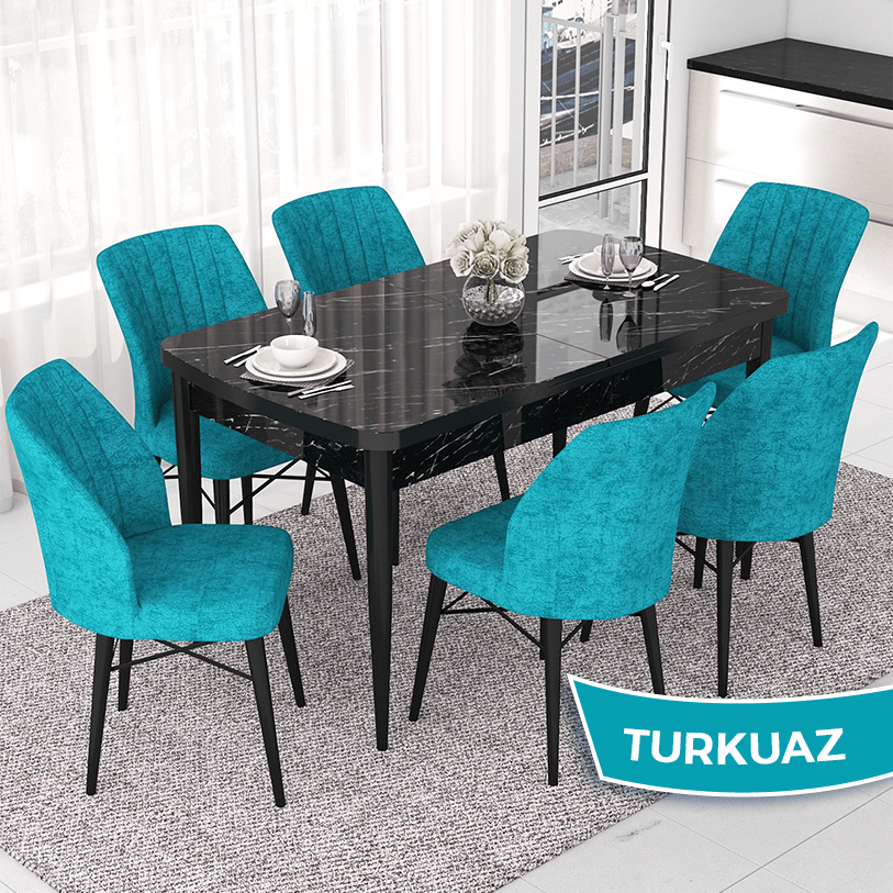 masa siyah mermer desenli sandalyeler turkuaz