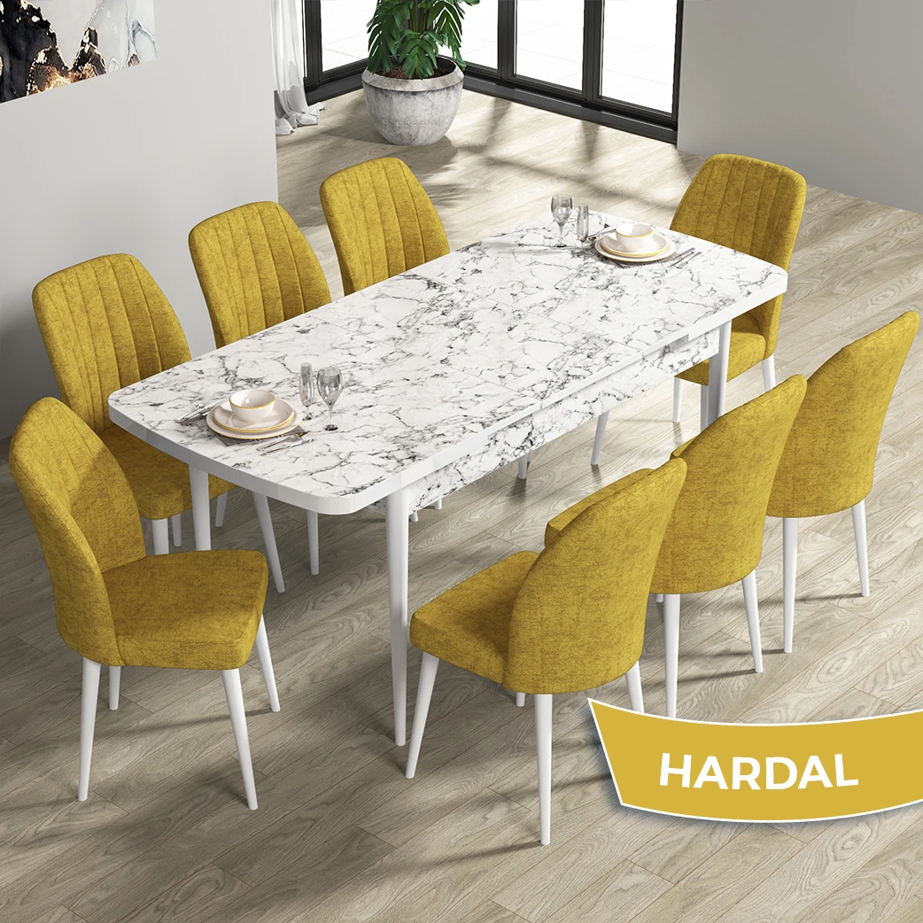 Beyaz Mermer Desen Masa Hardal Renk Sandalye