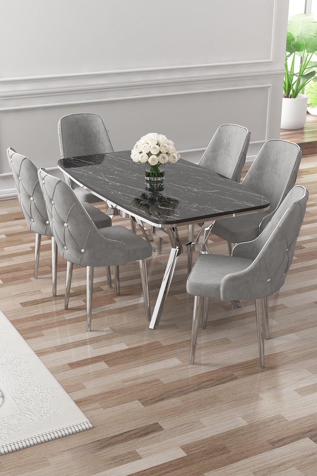 Asel Serisi 90x160 Lak Panel Sonata Masa ve 6 Sandalye Krom Kaplama Ayak