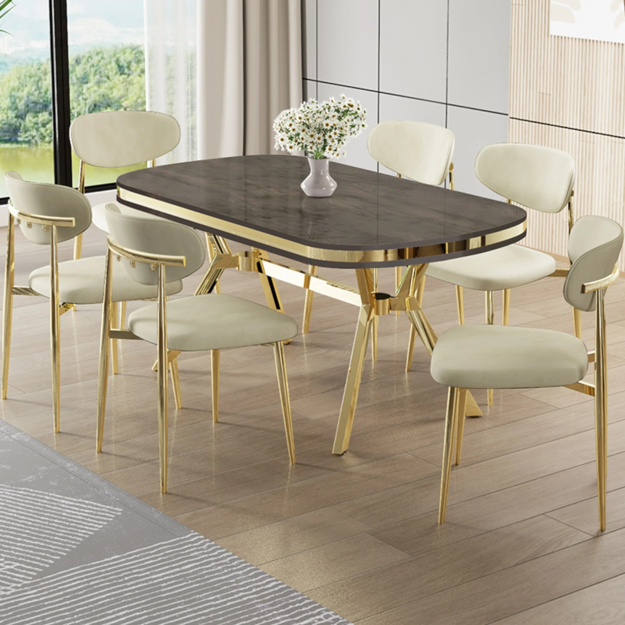 Antrasit İroni Masa Krem Sandalye Gold Ayak