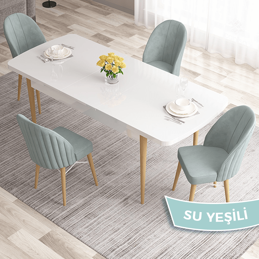 Ves Serisi 80x132 Açılabilir Mdf Beyaz Masa Doğal Ahşap Ayak Masa Takımı Ve 4 Sandalye