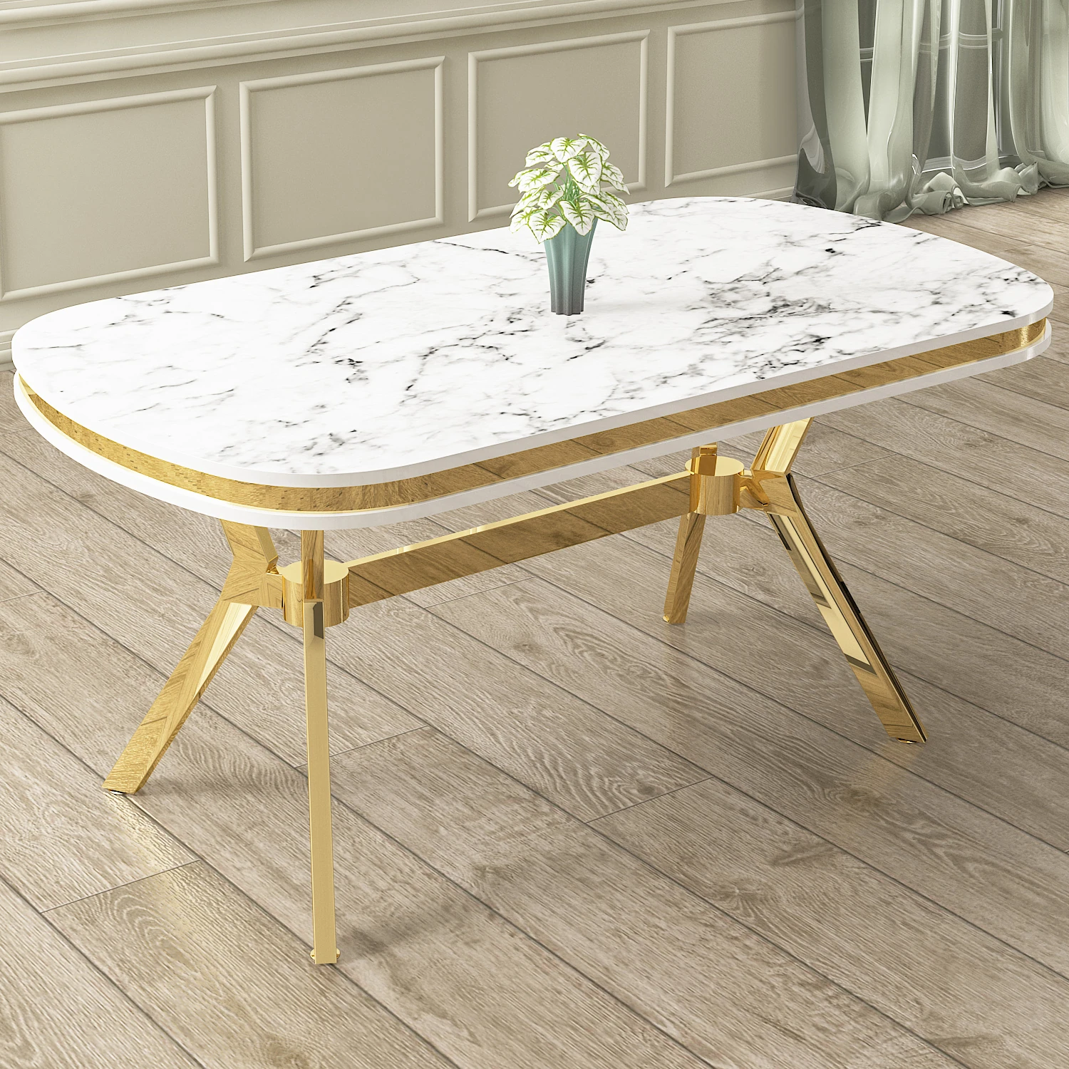 Olya Serisi 90x168 Lak Panel Beyaz Mermer Desen Masa Takımı Gold Ayaklı 4 Sandalye