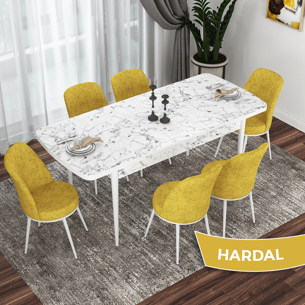 masa beyaz mermer desen sandalye hardal