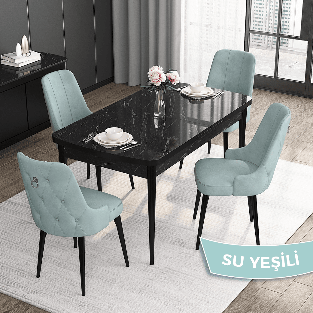 Noa Serisi 80x132 Mdf Açılabilir Gümüş Halka Siyah Mermer Desen Masa Takımı Ve 4 Sandalye