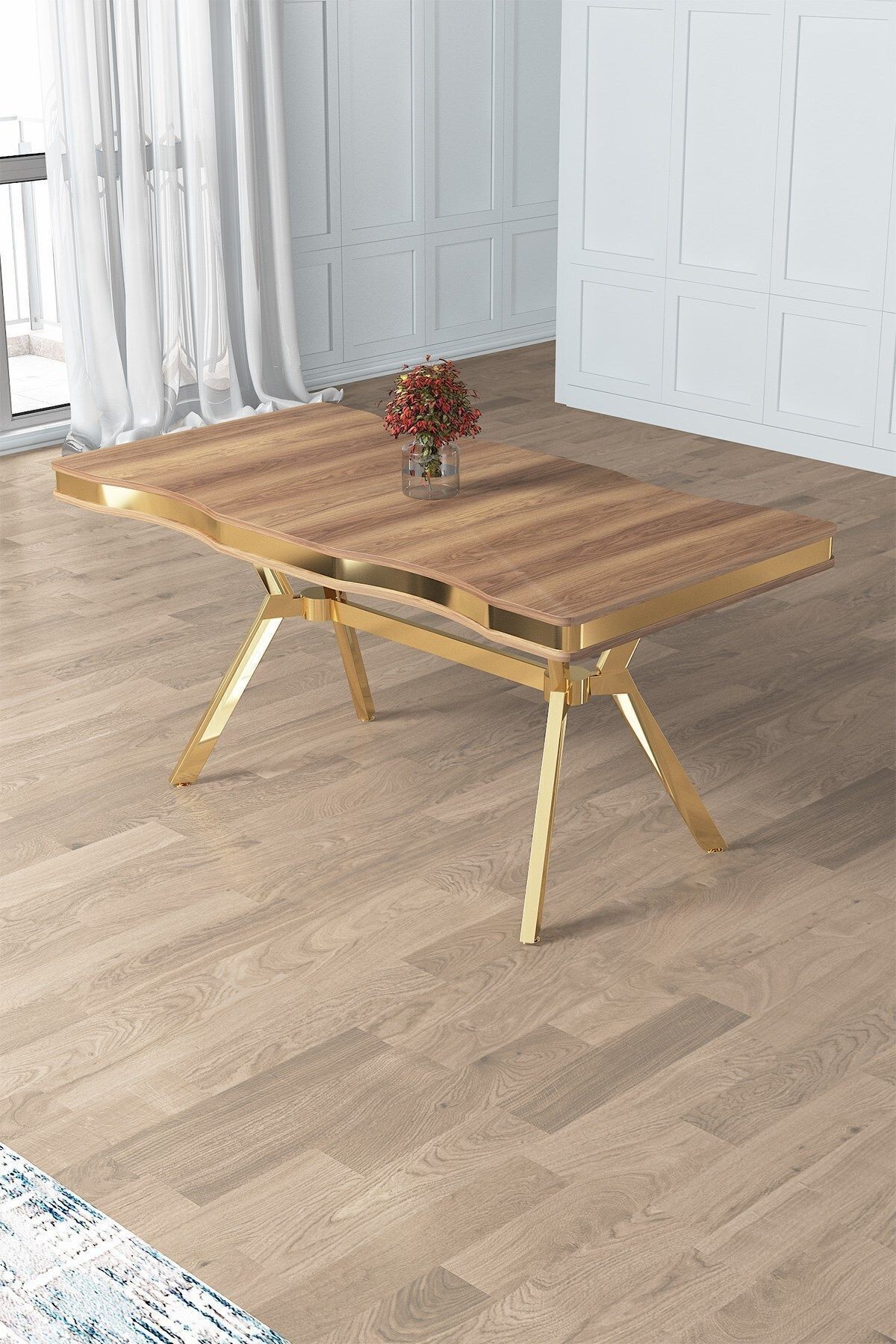 Prah Serisi 90x160 Lak Panel Hazar Masa ve 6 Sandalye Gold Kaplama Ayak