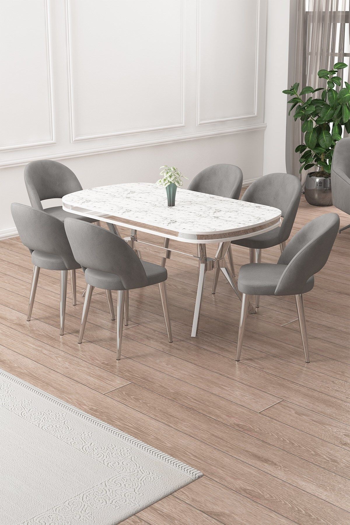 Jita Serisi 90x168 Lak Panel Beyaz Mermer Desen Masa ve 6 Sandalye Krom Kaplama Ayak