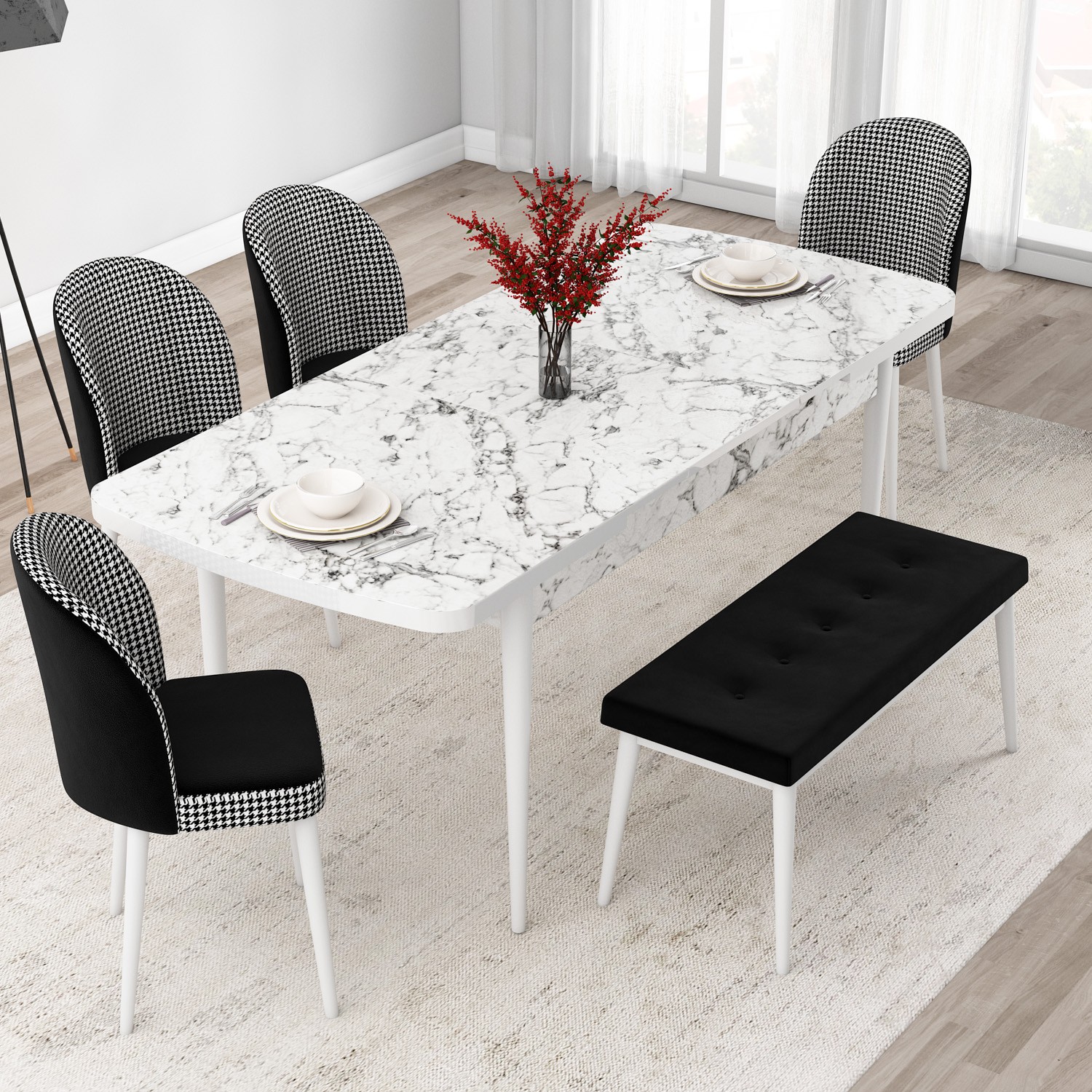 Jul Serisi 80x132 Açılabilir Beyaz Mermer Desen Mutfak Masası Takımı 4 Sandalye Ve 1 Bench
