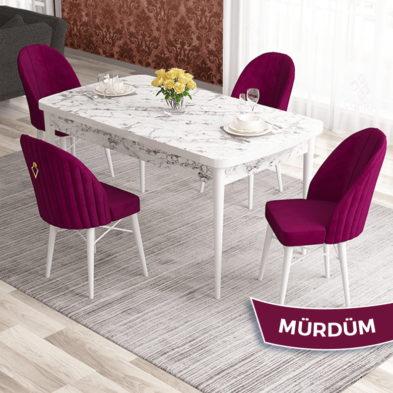 Masa Beyaz Mermer Desen Sandalye Mürdüm