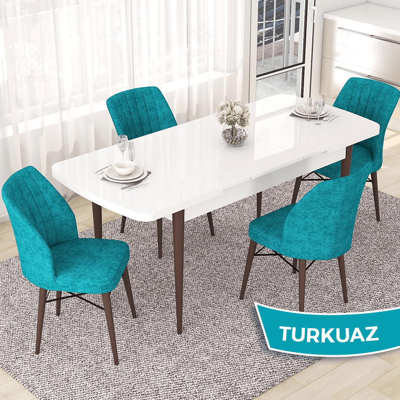 masa beyaz ayak ceviz sandalyeler turkuaz