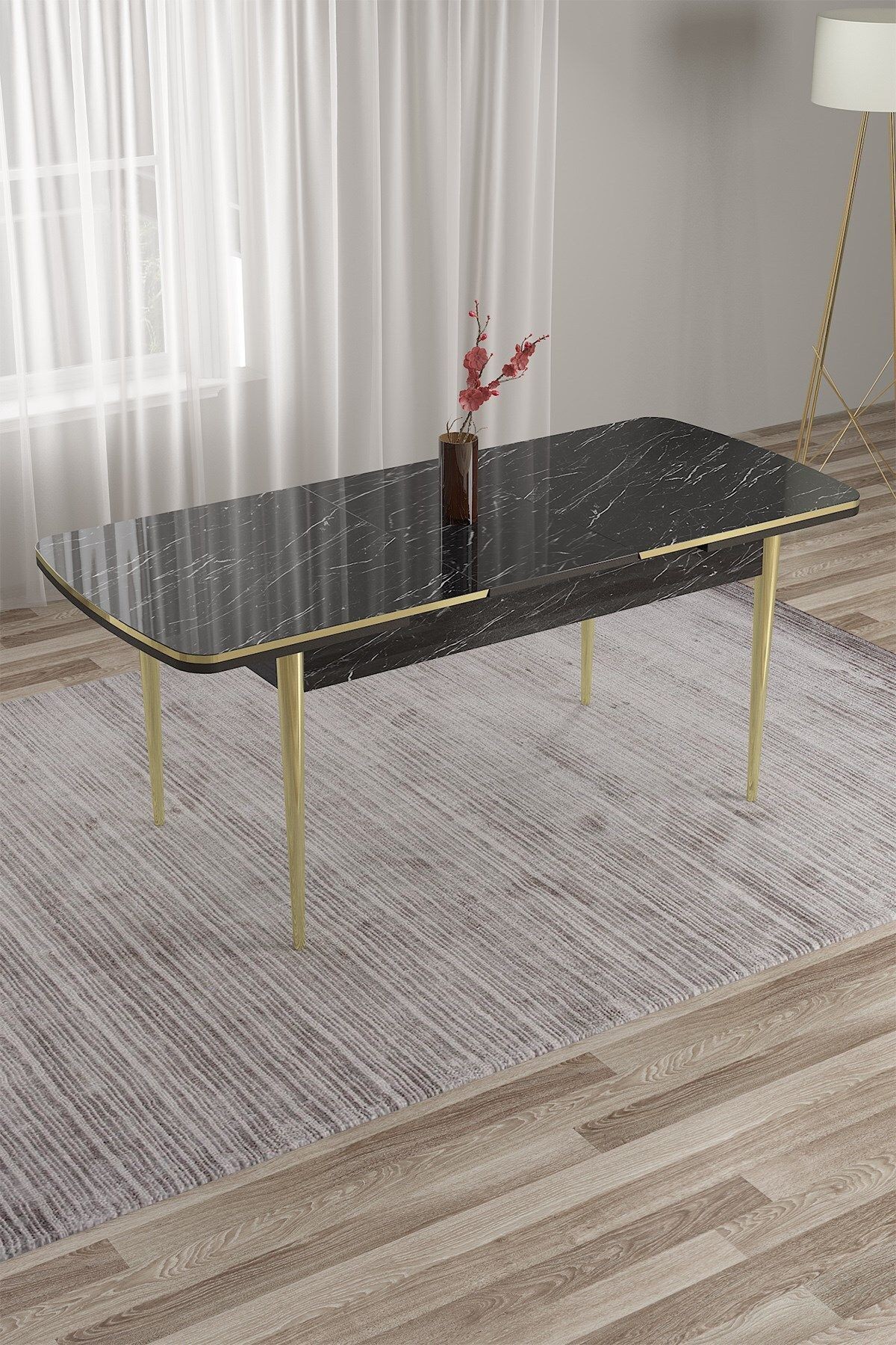 Siyah Mermer Desen 80x132 Açılabilir Yemek Masası Gold Metal Ayak