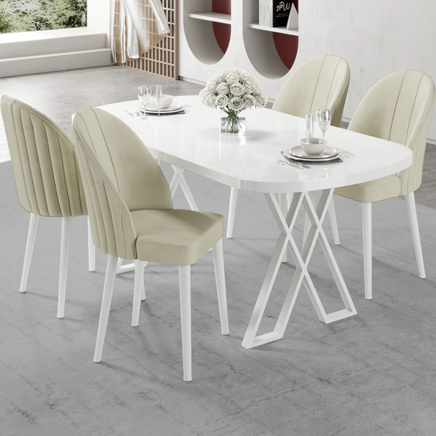 Beyaz Masa Krem Sandalye