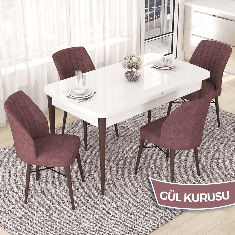 masa beyaz ayak ceviz sandalyeler gülkurusu