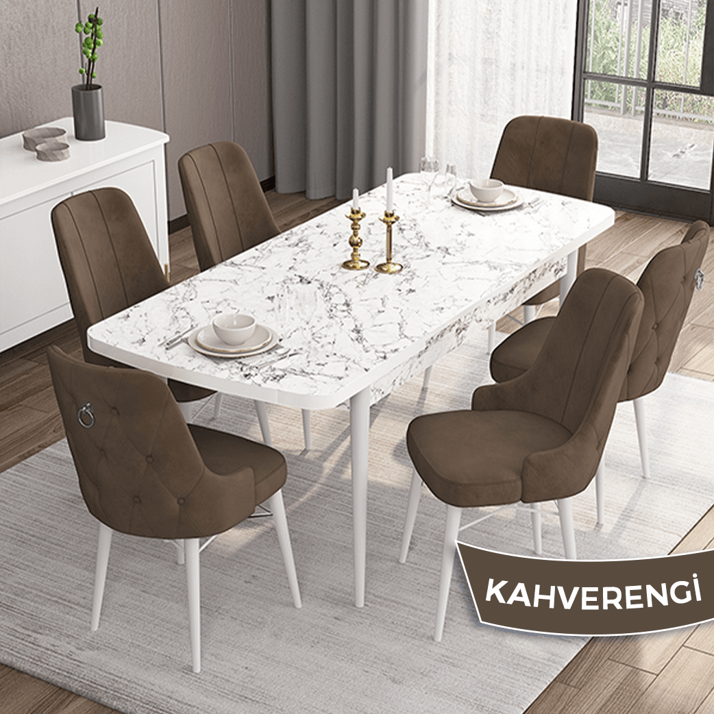 Kahve Sandalye Beyaz Mermer Desen Masa