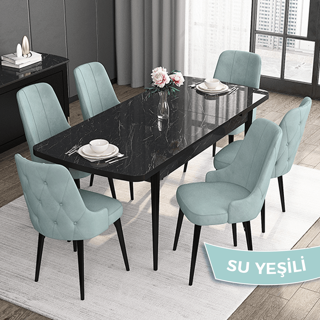 Sandalye Su Yeşili Siyah Mermer Desen Masa