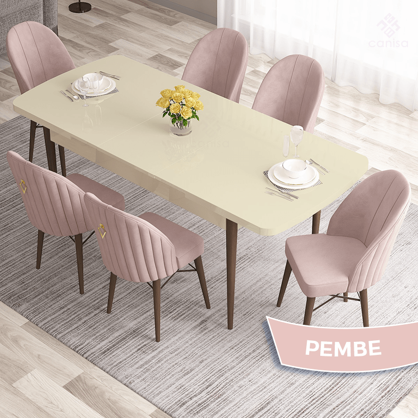 masa krem ayaklar ceviz sandalye pembe
