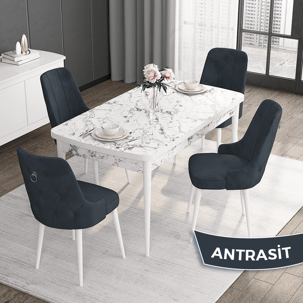 Noa Serisi 80x132 Mdf Açılabilir Gümüş Halka Beyaz Mermer Desen Masa Takımı Ve 4 Sandalye
