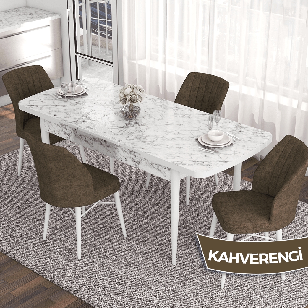 masa beyaz mermer desen sandalye kahve