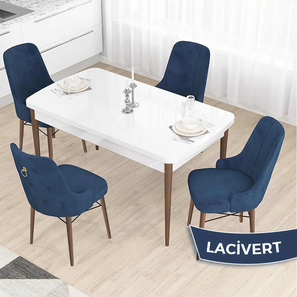 Taç Serisi 80x132 Açılabilir Gold Halka Beyaz Masa Ceviz Ayak Masa Takımı ve 4 Sandalye