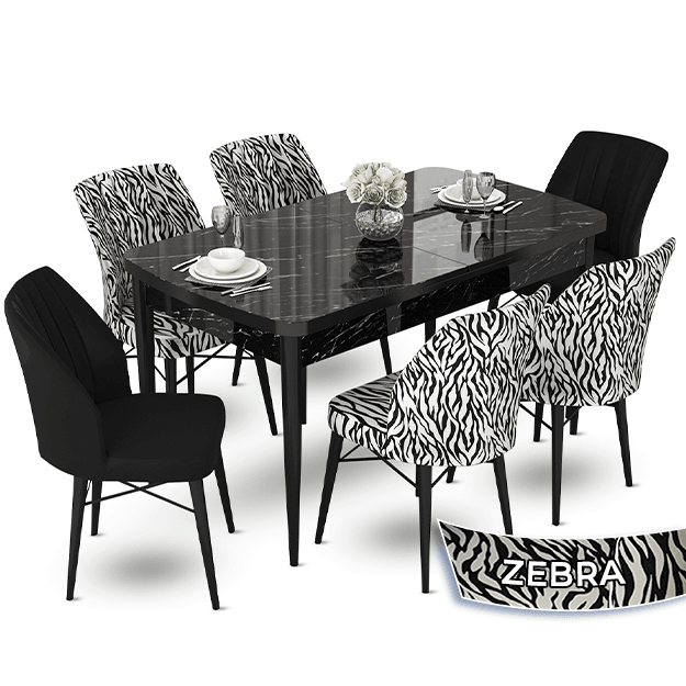 Siyah Mermer Desen Masa 4 Zebra 2 Siyah Sandalye