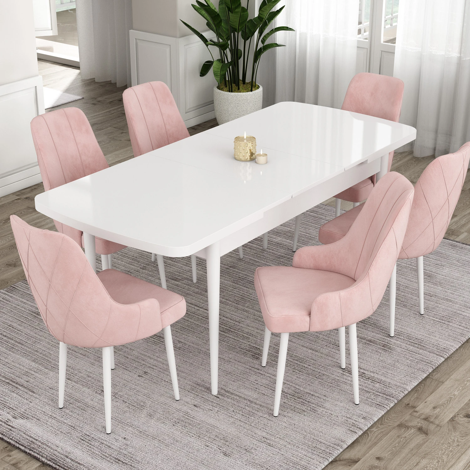 Ram Serisi 80x132 Açılabilir Beyaz Masa Takımı ve 6 Sandalye