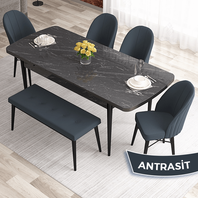 Elf Serisi 80x132 Açılabilir Siyah Mermer Desen Masa Takımı 4 Sandalye ve 1 Bench