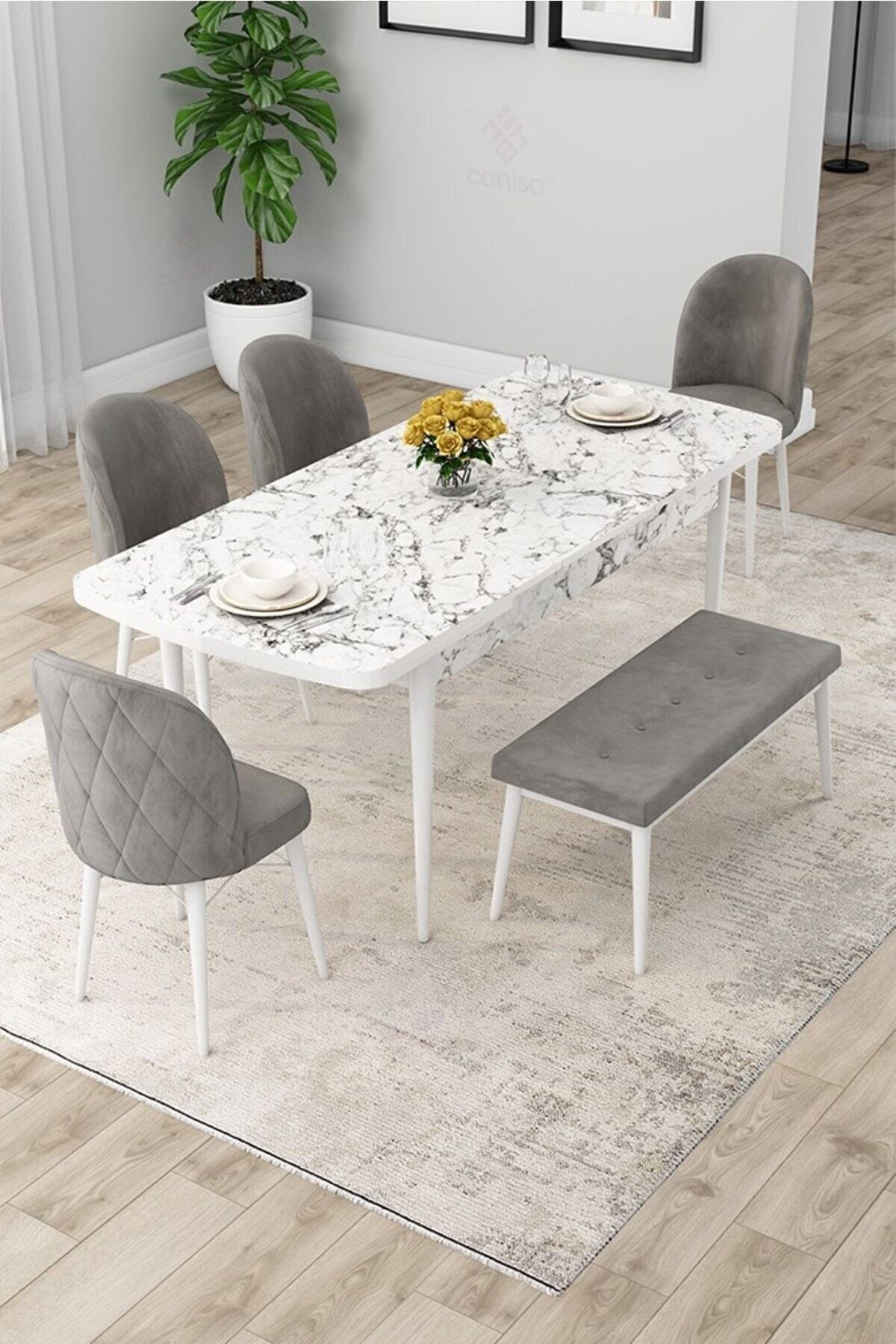 Rut Serisi 80x132 Açılabilir Beyaz Mermer Desen Masa Takımı 4 Sandalye Ve 1 Bench
