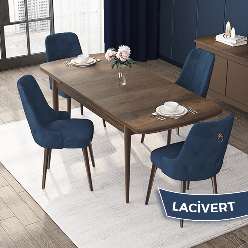 Lacivert Sandalye Barok Ahşap Desen Masa