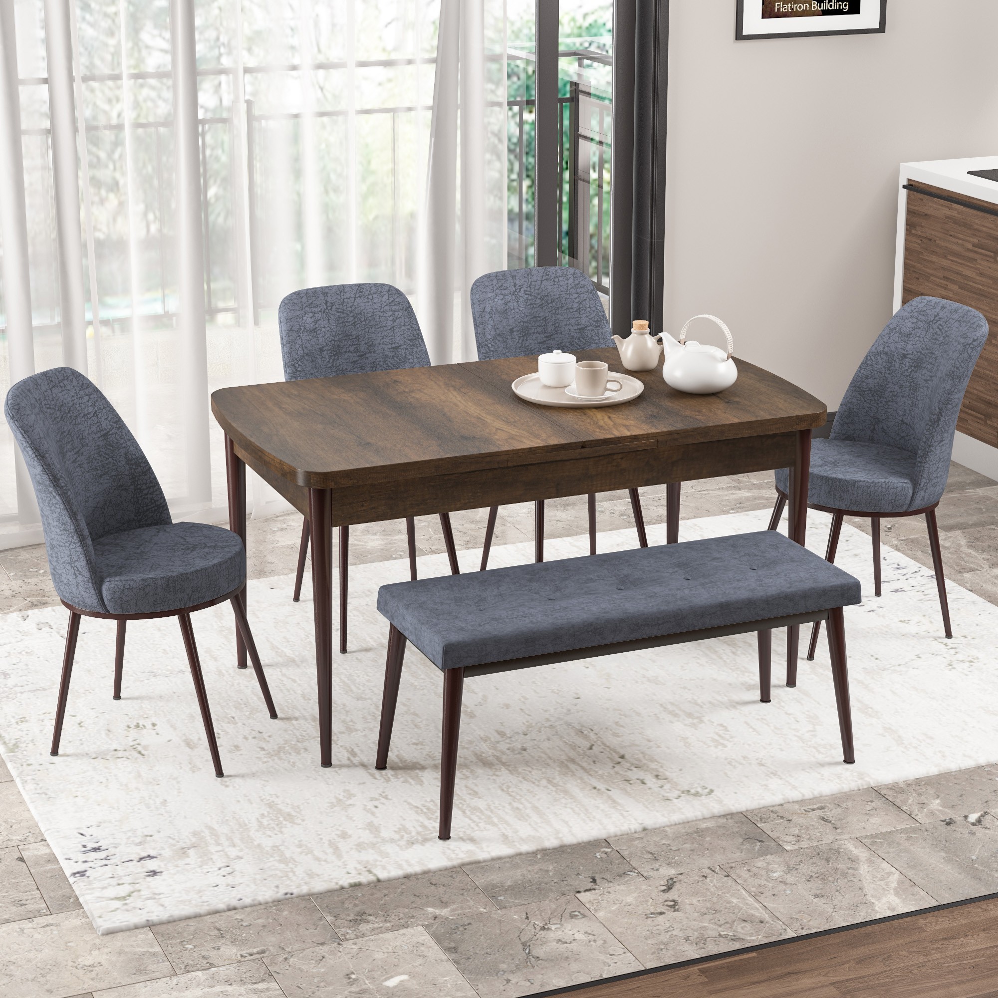 Via Serisi 80x132 Açılabilir Barok Ahşap Desen Masa Takımı 4 Sandalye ve Pera Bench