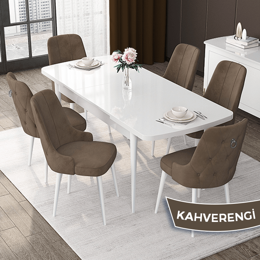 Nex Serisi 80x132 Mdf Açılabilir Gümüş Halka Beyaz Masa Takımı Ve 6 Sandalye