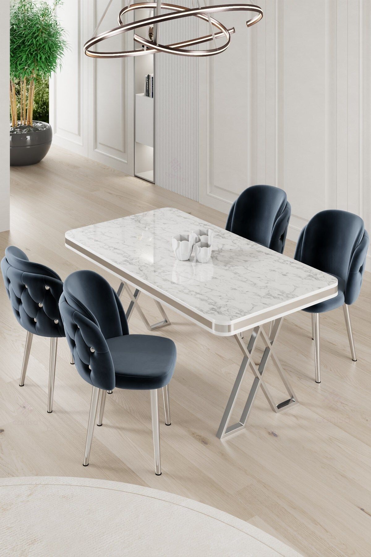 Rigel Serisi 80x130 Lak Panel Beyaz Mermer Desen Masa ve 4 Sandalye Krom Kaplama Ayak