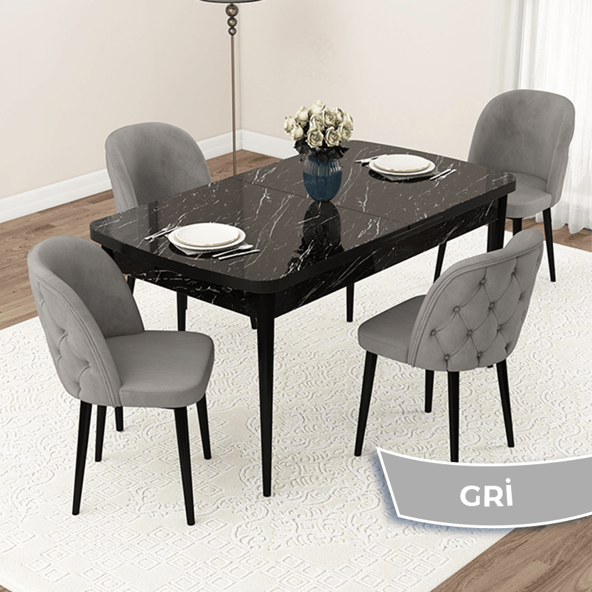 Jae Serisi 80x132 Açılabilir Siyah Mermer Desen Masa Takımı Ve 4 Sandalye