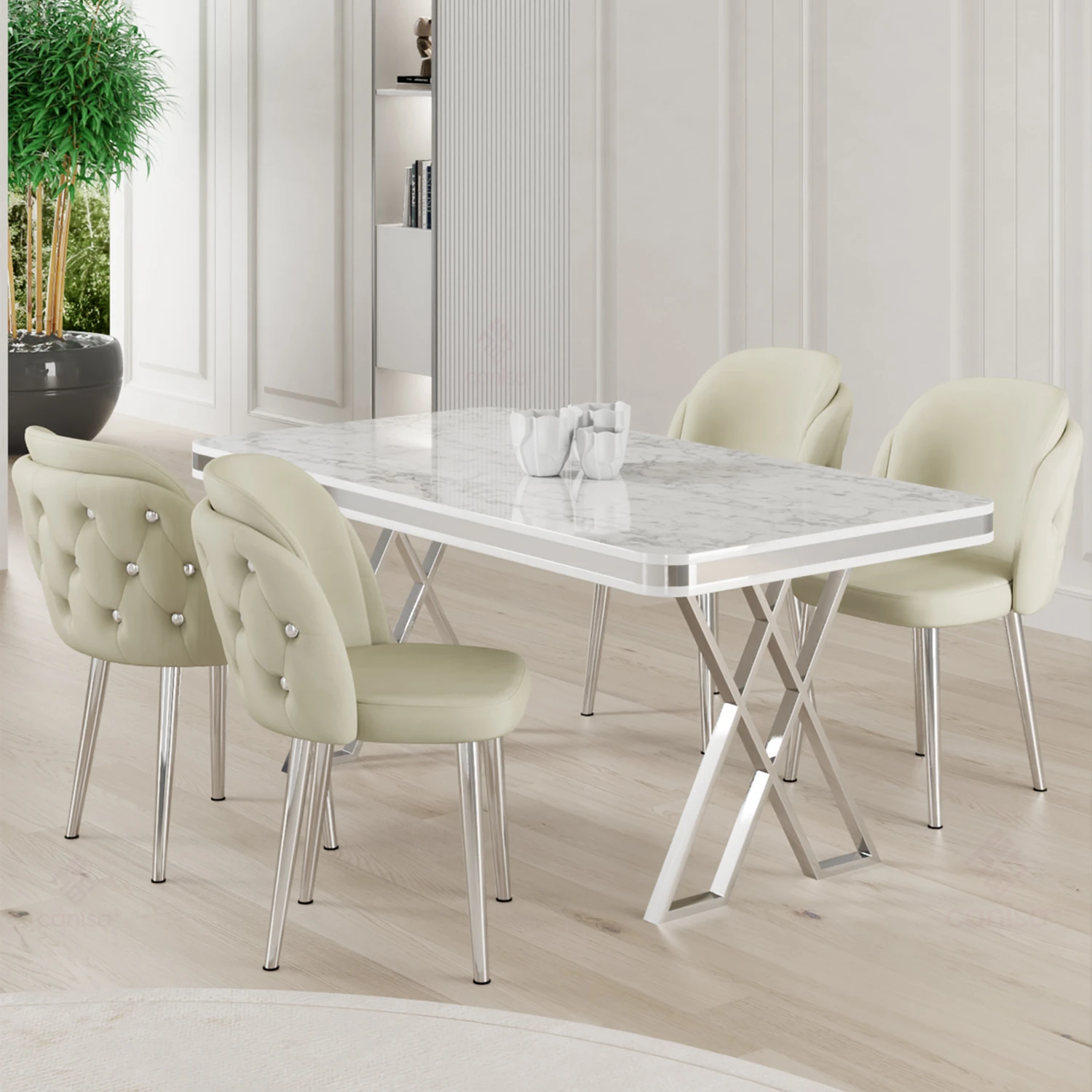 beyaz mermer desen masa krem sandalye