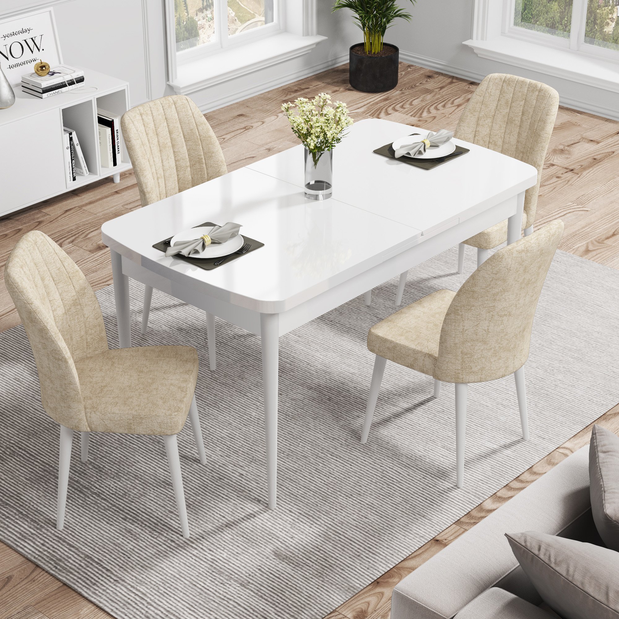 Rio Serisi 80x132 Mdf Açılabilir Beyaz Masa Takımı Ve 4 Sandalye