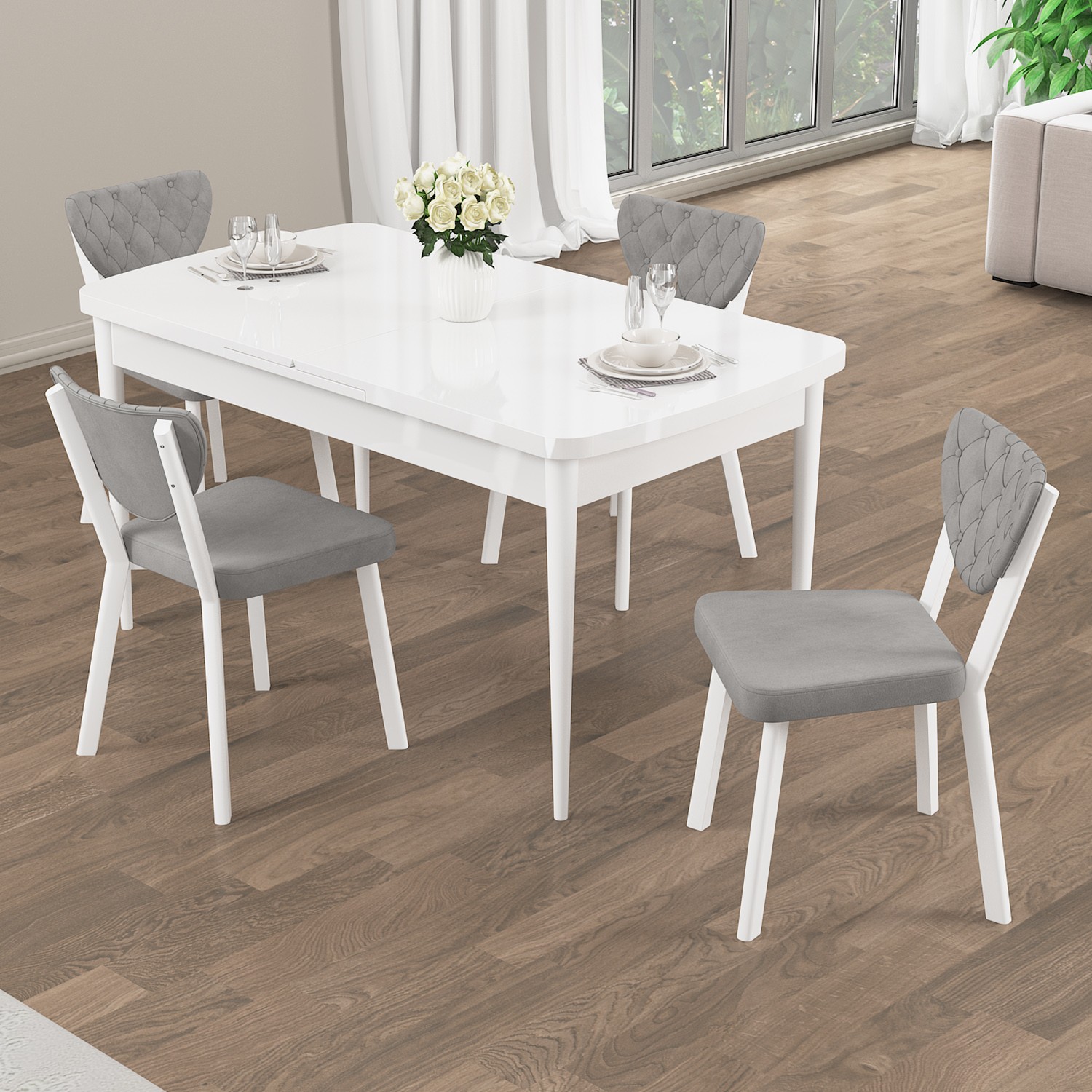 Rim Serisi 80x132 Açılabilir Beyaz Mutfak Masası Takımı Ve 4 Sandalye
