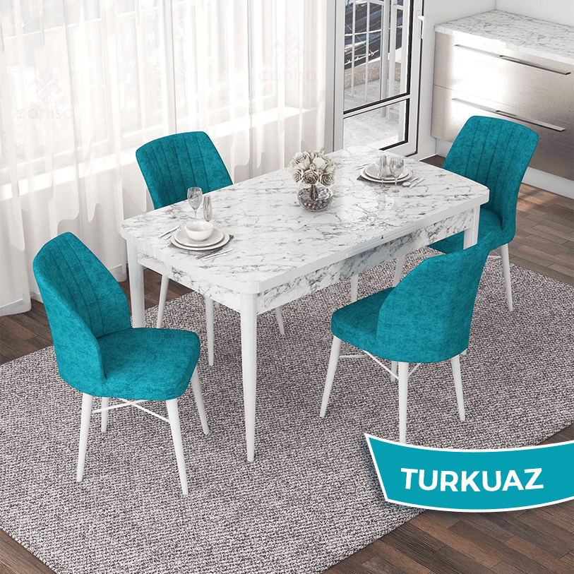 Nef Serisi 70x114 Açılabilir Mdf Beyaz Mermer Desen Masa Takımı ve 4 Sandalye