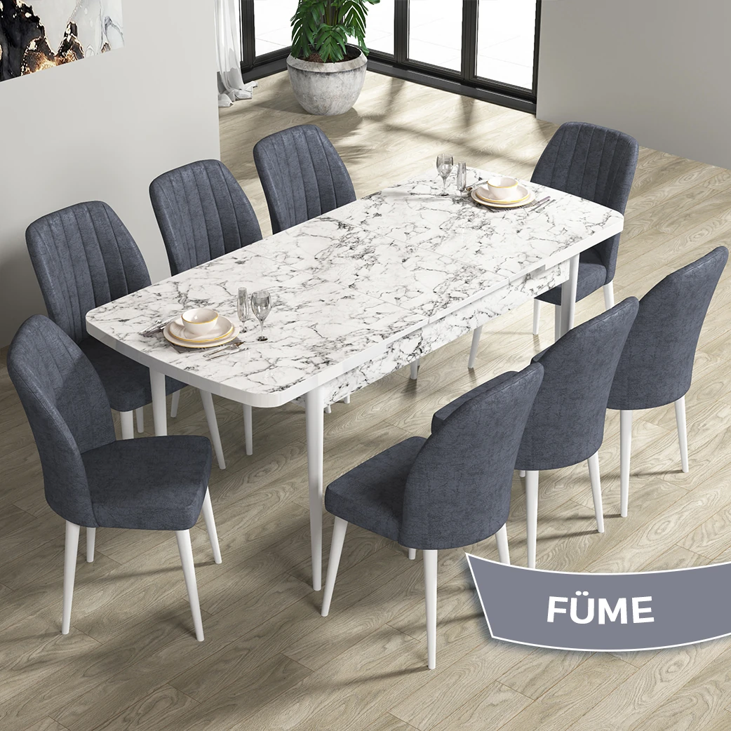 Beyaz Mermer Desen Masa Füme Renk Sandalye