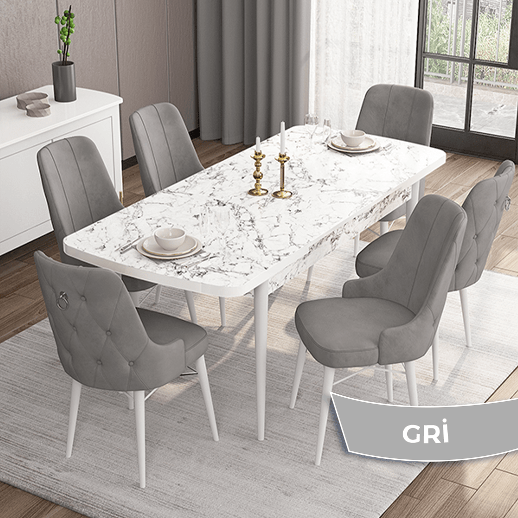 Are Serisi 80x132 Mdf Açılabilir Gümüş Halka Beyaz Mermer Desen Masa Takımı Ve 6 Sandalye