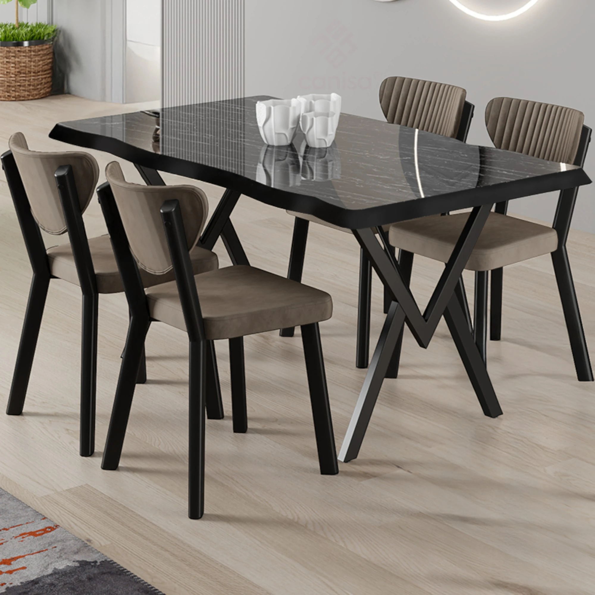 Siyah Mermer Desen Masa Cappucino Sandalye