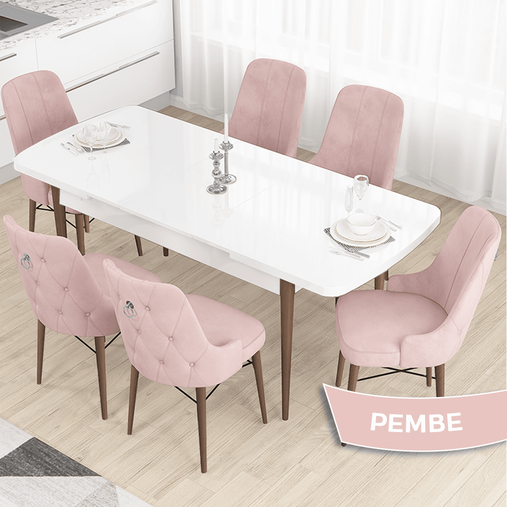 beyaz masa cevi̇z ayak pembe sandalye