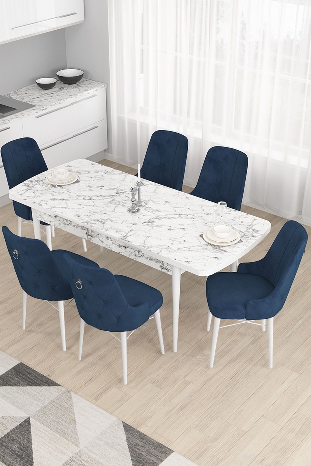 Taç Serisi 80x132 Açılabilir Gümüş Halka Beyaz Mermer Desen Masa Takımı ve 6 Sandalye