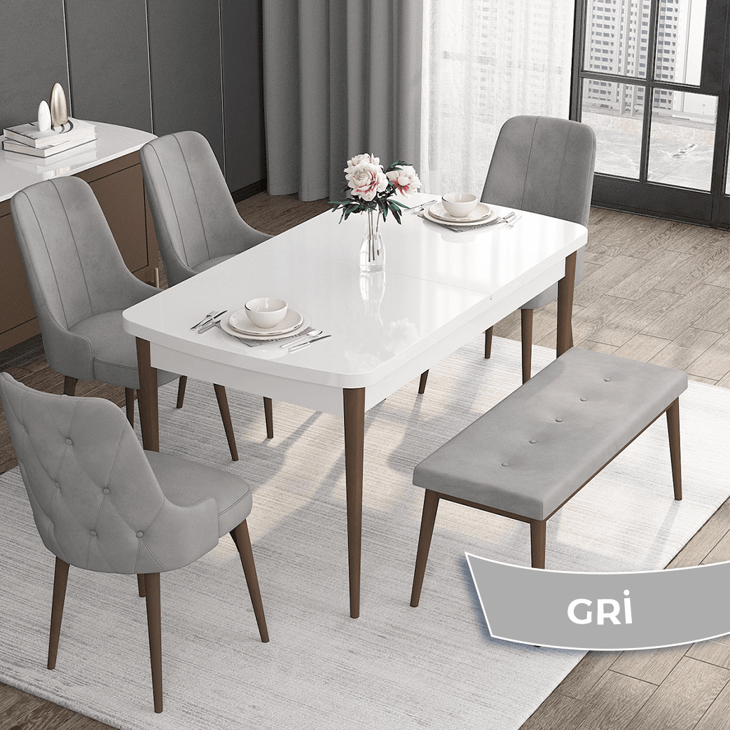 Roy Serisi 80x132 Mdf Açılabilir Beyaz Masa Ceviz Ayak Masa Takımı 4 Sandalye Ve 1 Bench