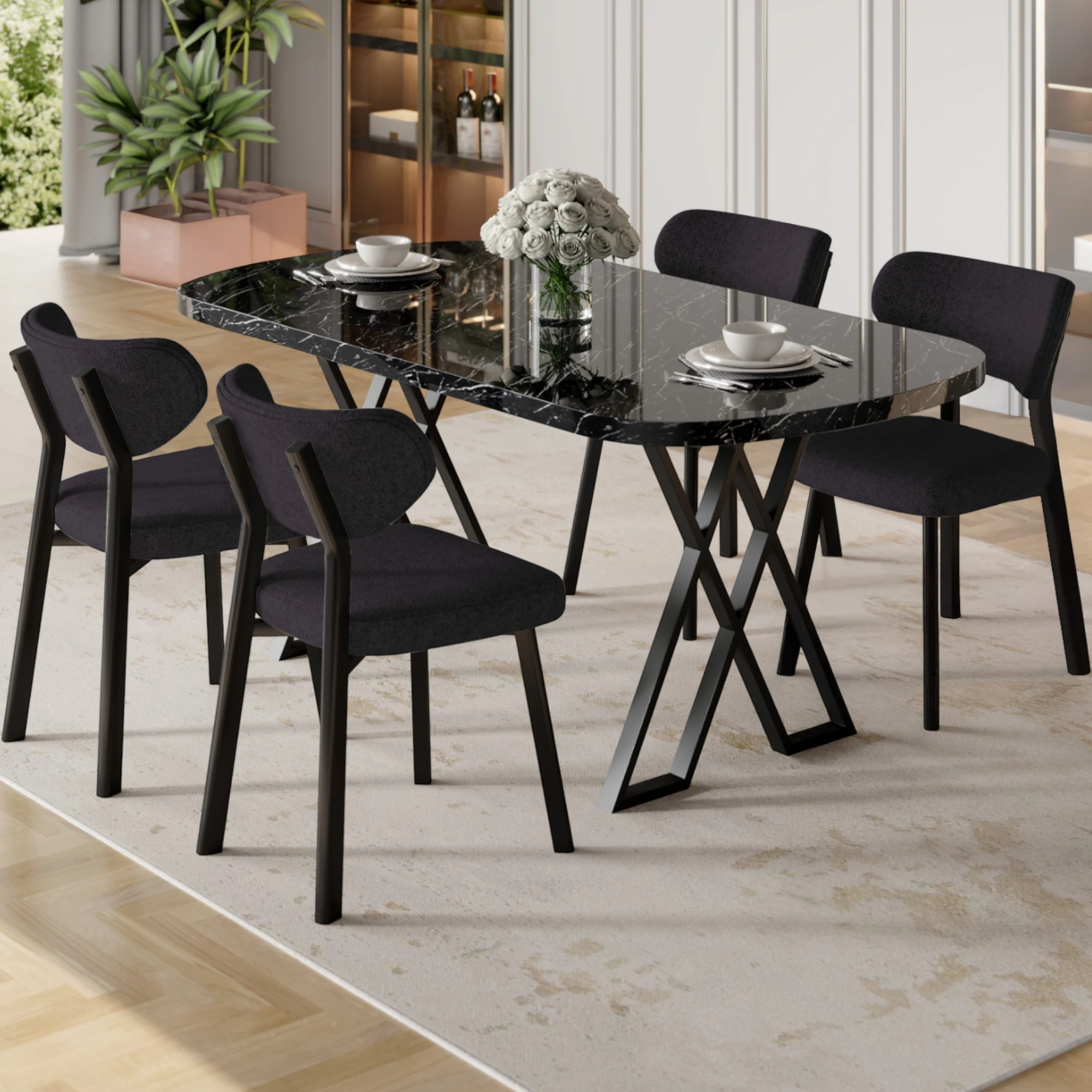 Antrasit Sandalye Siyah Mermer Desen Masa