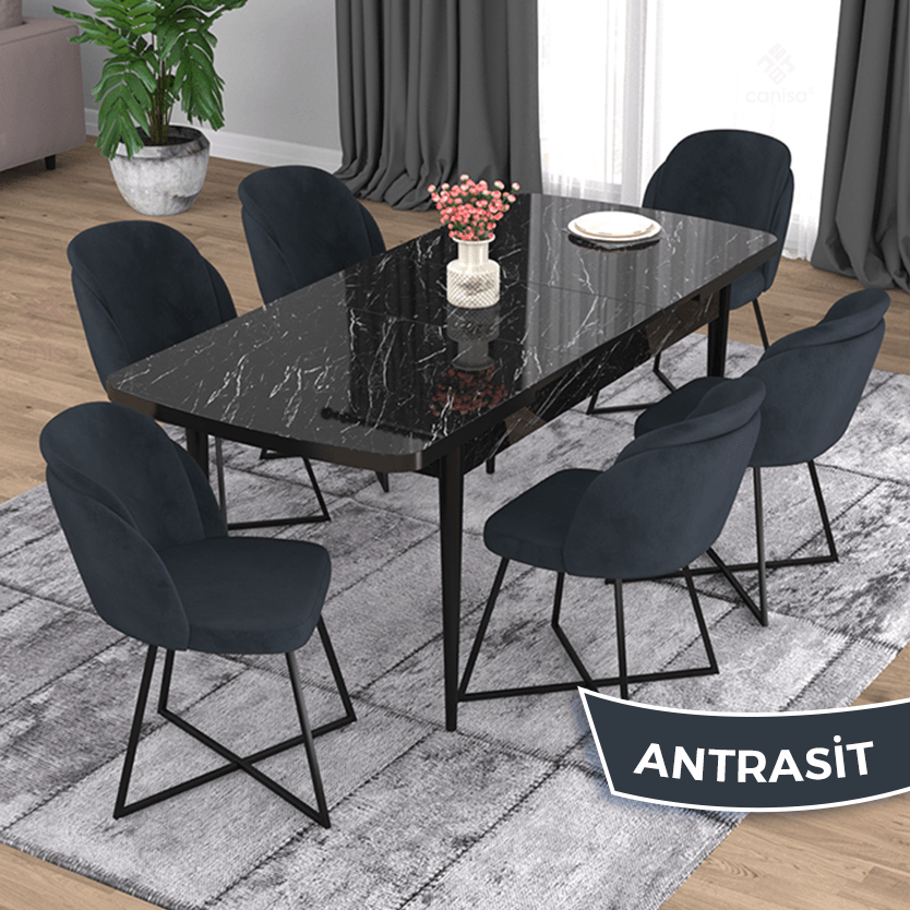 Oga Serisi 80x132 Açılabilir Siyah Mermer Desen Masa Takımı Ve 6 Sandalye