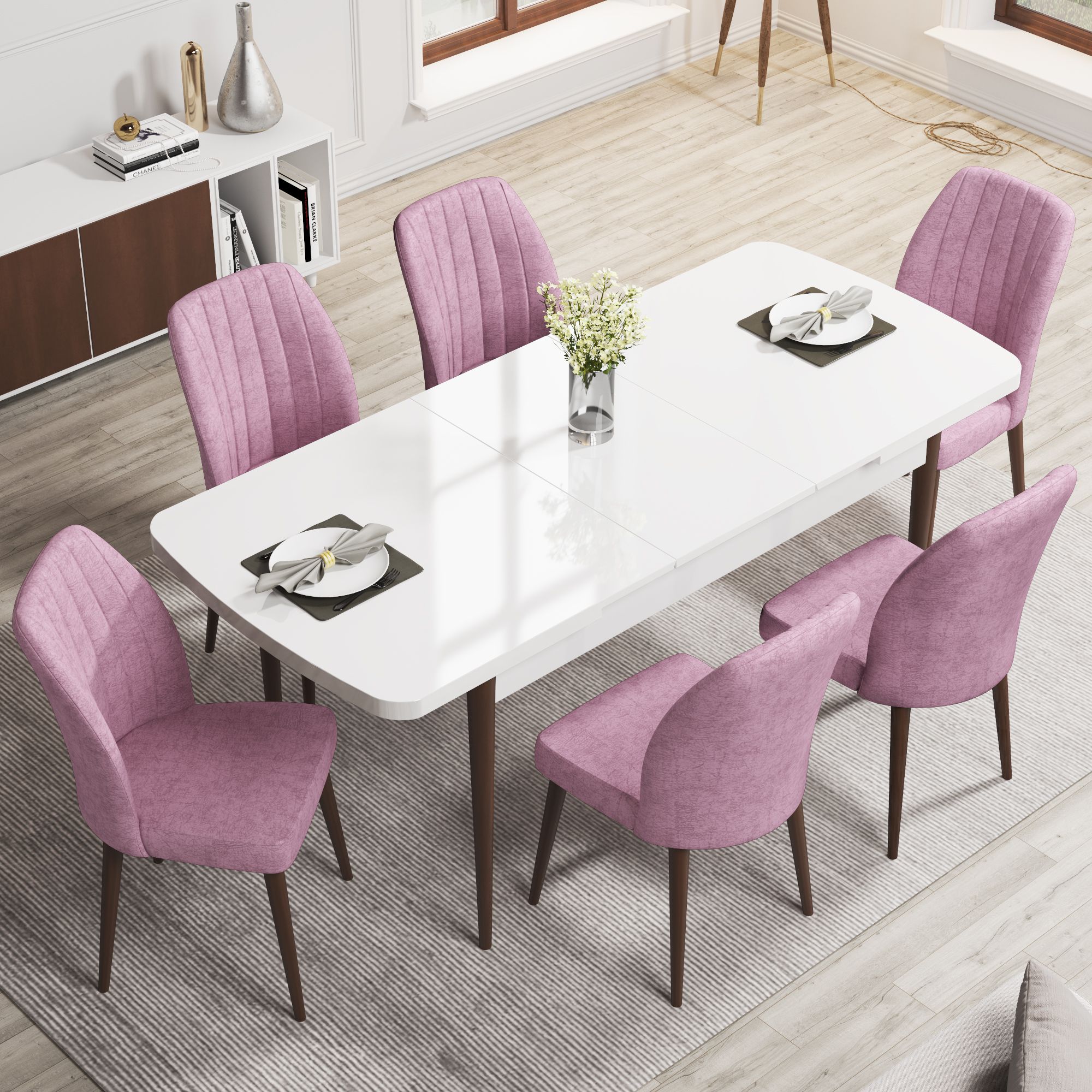 masa beyaz/sandalyeler pembe