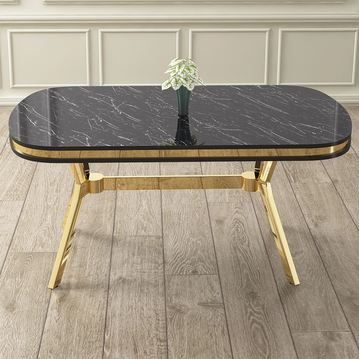 Olya Serisi 90x168 Lak Panel Sonata Masa Takımı Gold Ayaklı 6 Sandalye