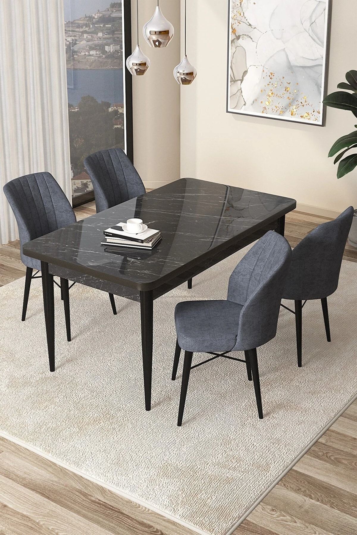 Arp Serisi 70x110 Sabit Mutfak Masası Takımı Siyah Mermer Desen Masa 4 Füme Sandalye