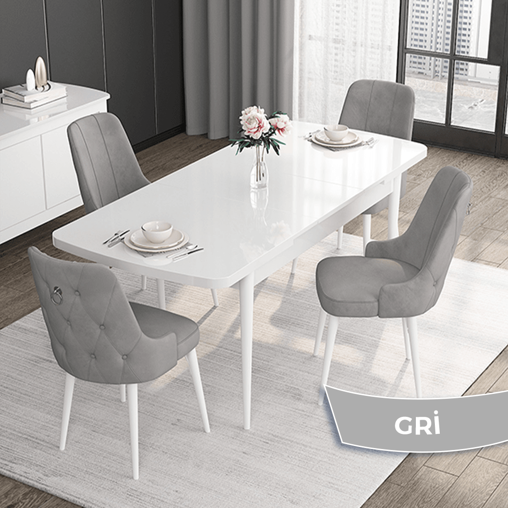 Noa Serisi 80x132 Mdf Açılabilir Gümüş Halka Beyaz Masa Takımı Ve 4 Sandalye
