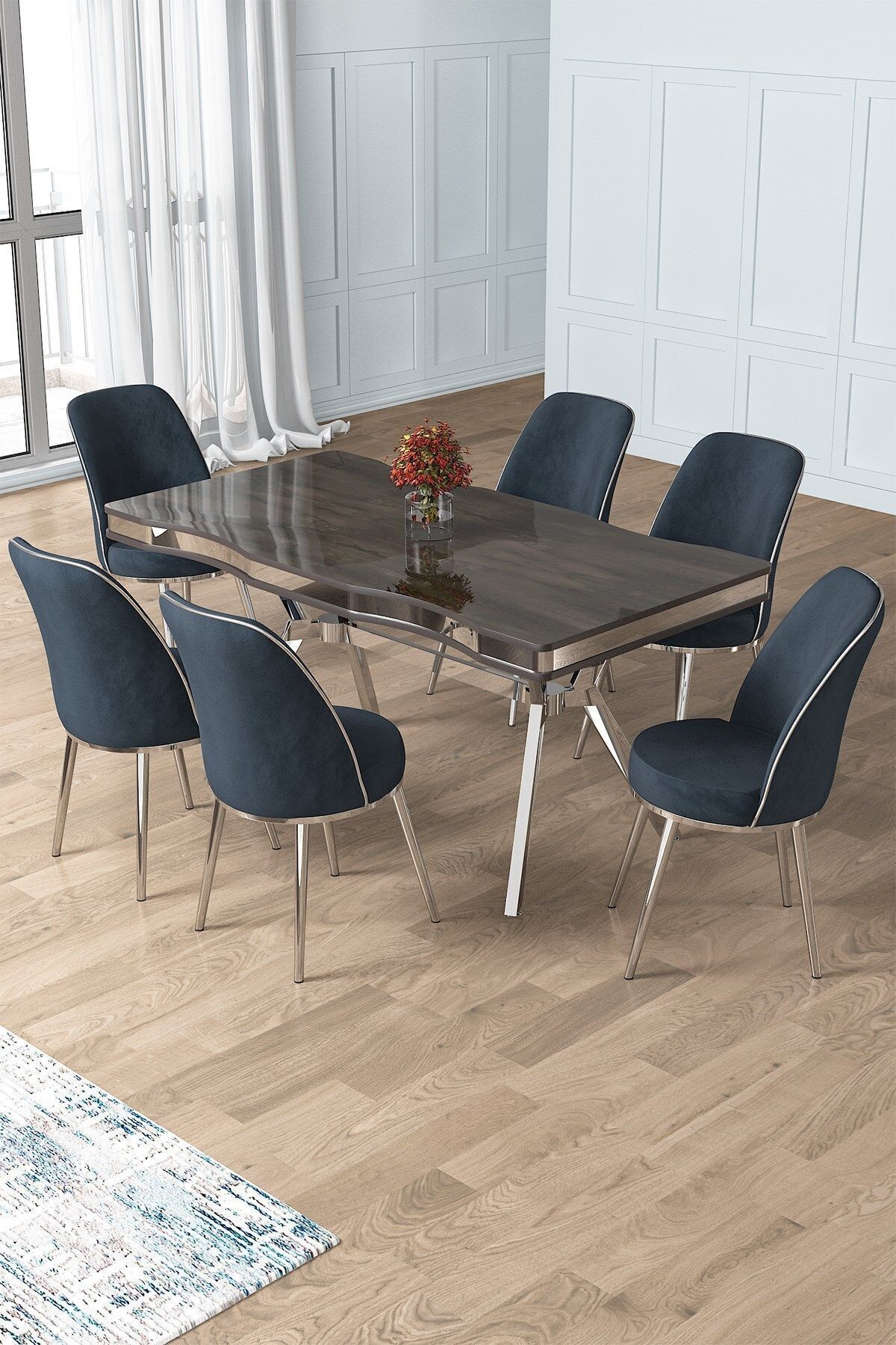 Pem Serisi 90x160 Lak Panel Antrasit İroni Krom Ayak Masa Takımı 6 Antrasit Sandalye