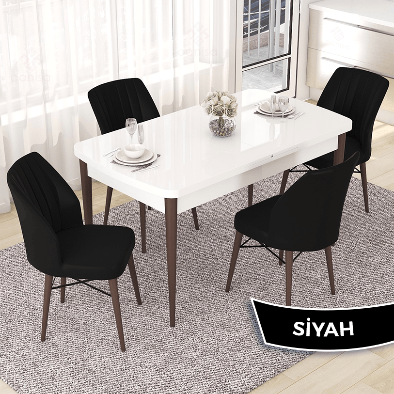 Beyaz Masa Ceviz Ayak Sandalyeler Siyah