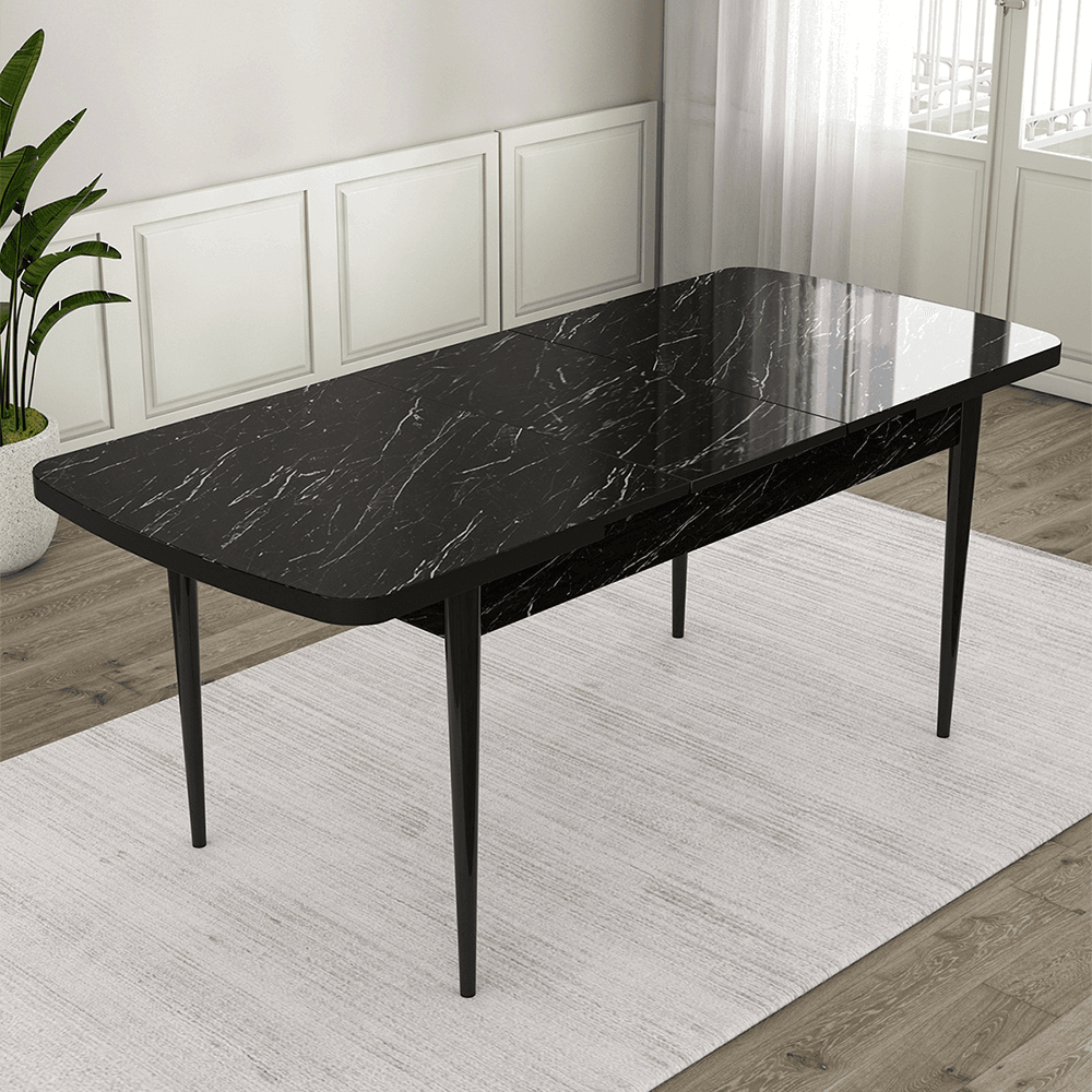 Nex Serisi 80x132 Mdf Açılabilir Gümüş Halka Siyah Mermer Desen Masa Takımı Ve 4 Sandalye
